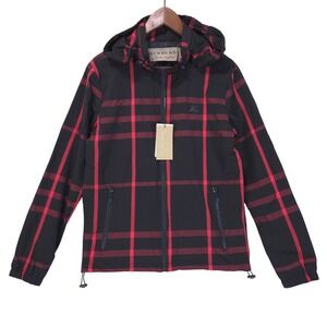 NWT Burberry Ecclestone Check Hooded Windbreaker Jacket Men M Knight Badge Red